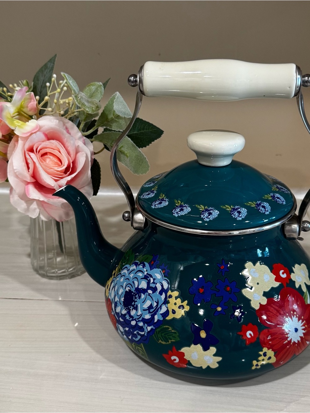 Pioneer Women Teal Dazzling Dahlias Floral Enamel Tea Kettle with Ivory Handle